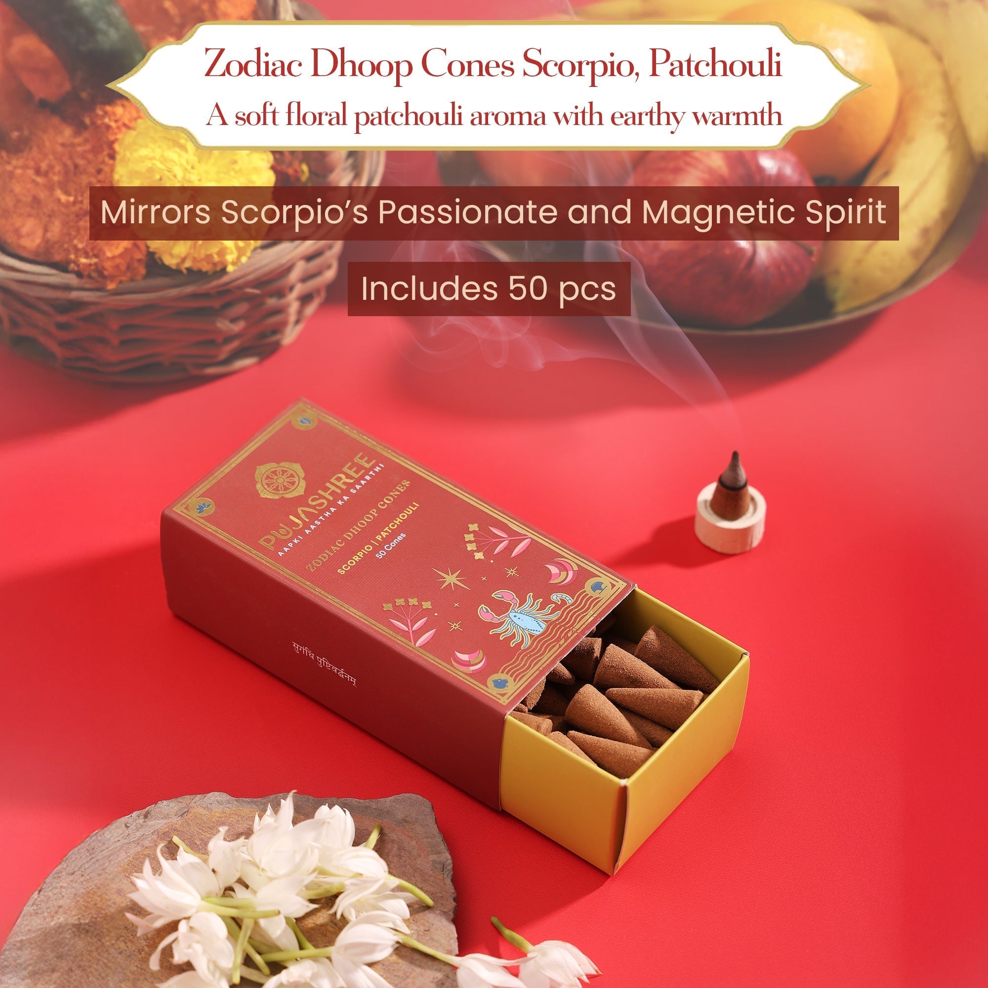 Scorpio Zodiac Dhoop Cones 50 pcs – Patchouli by Pujashree | Sanatana Journey