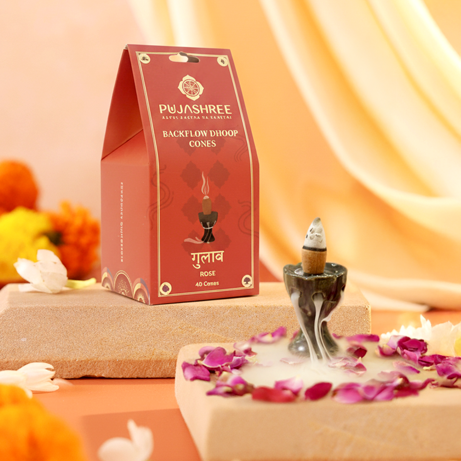 Rose Backflow Dhoop Cones (40 pcs) by Pujashree | Sanatana Journey