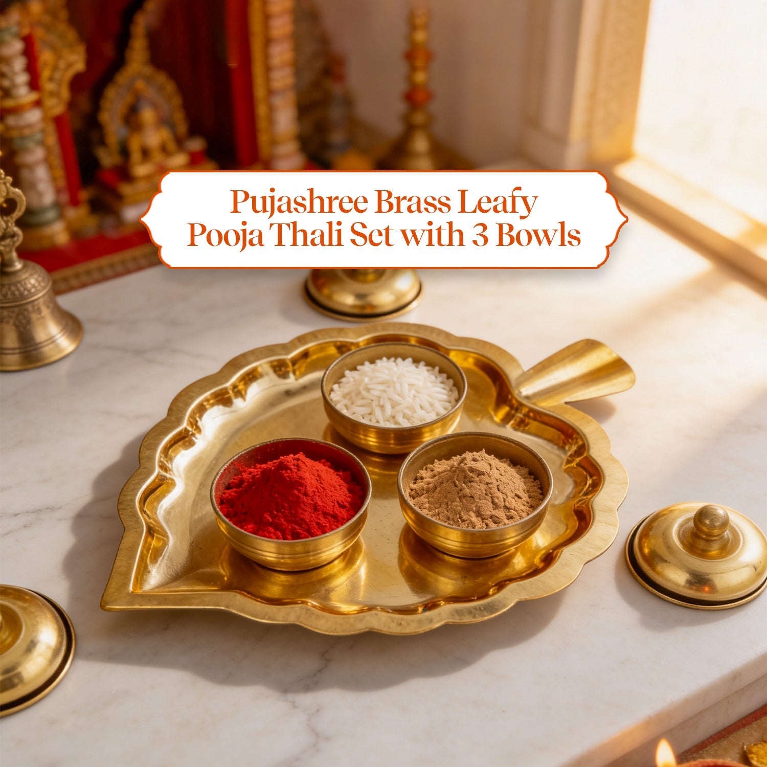 Brass Leafy Pooja Thali Set with 3 Bowls