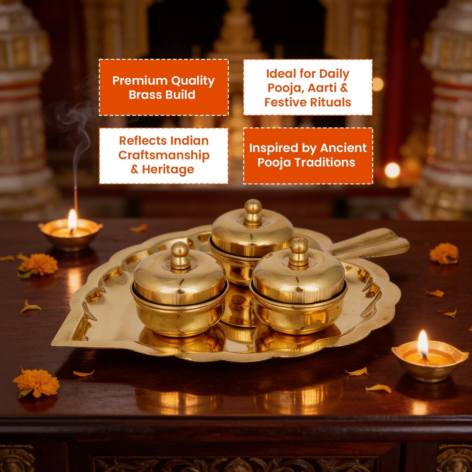 Brass Leafy Pooja Thali Set with 3 Bowls
