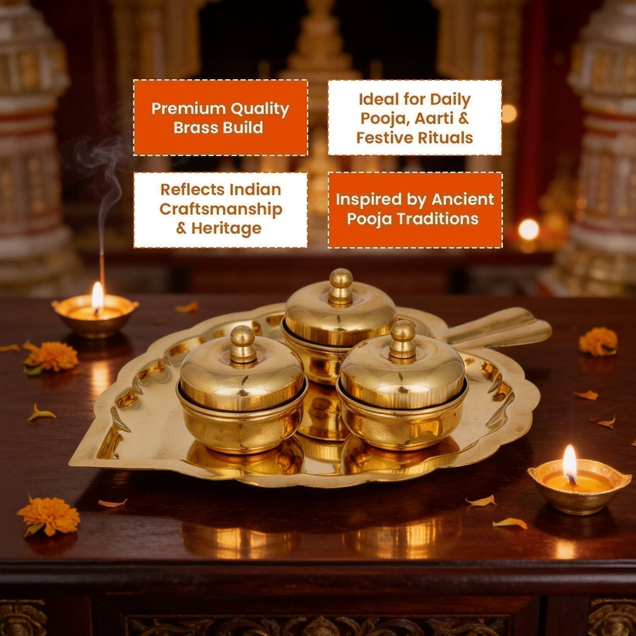 Brass Leafy Puja Thali Set with 3 Bowls by Pujashree | Sanatana Journey