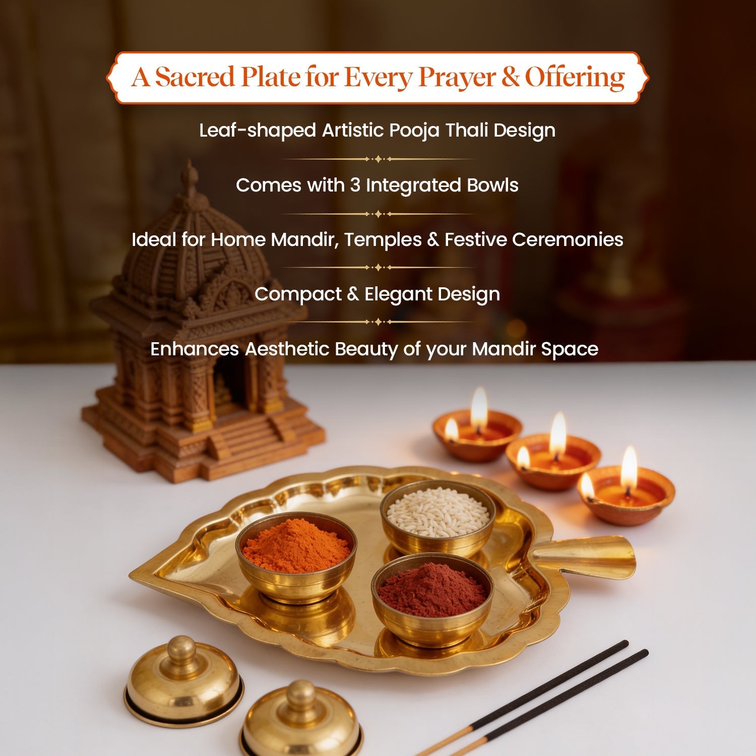 Brass Leafy Pooja Thali Set with 3 Bowls