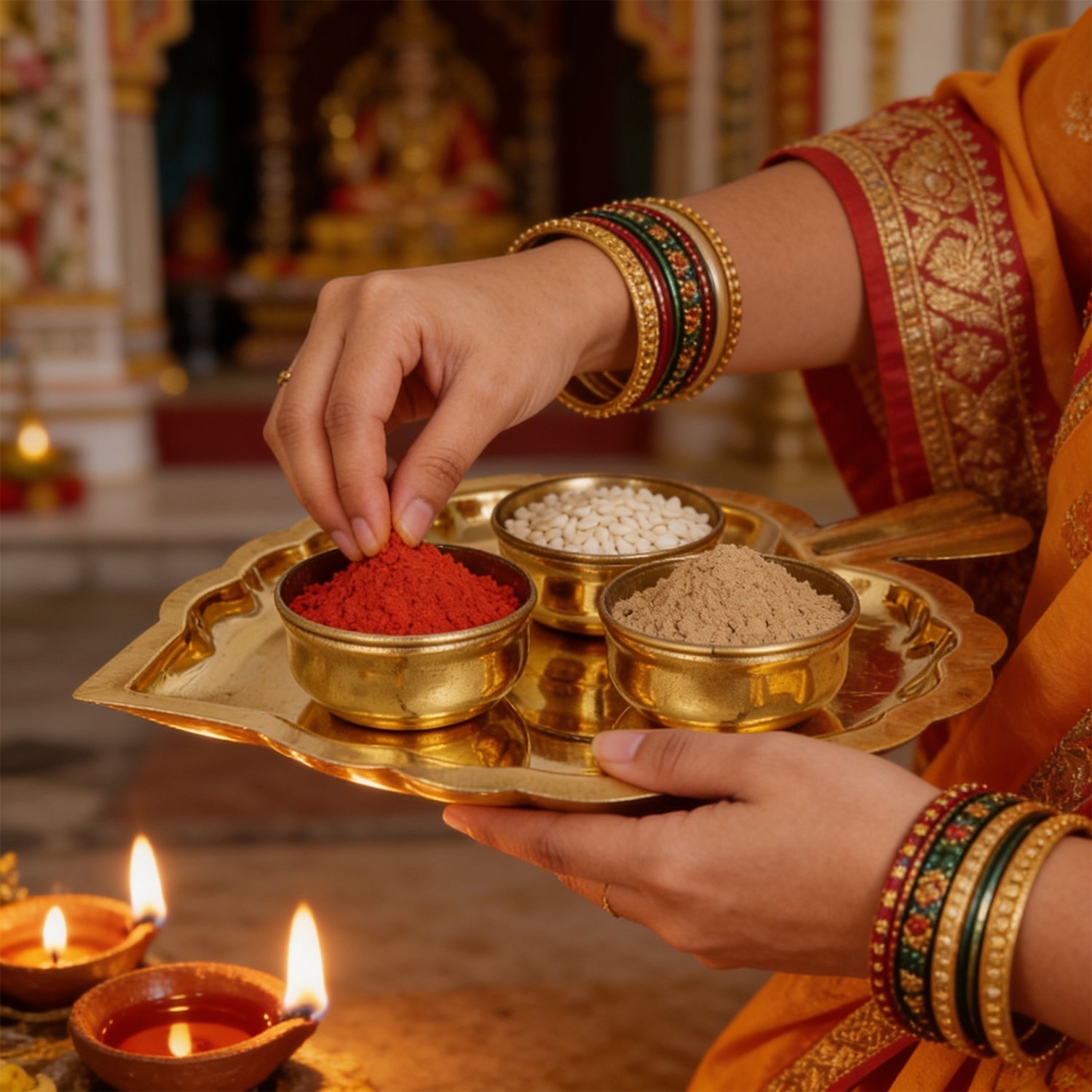 Brass Leafy Pooja Thali Set with 3 Bowls