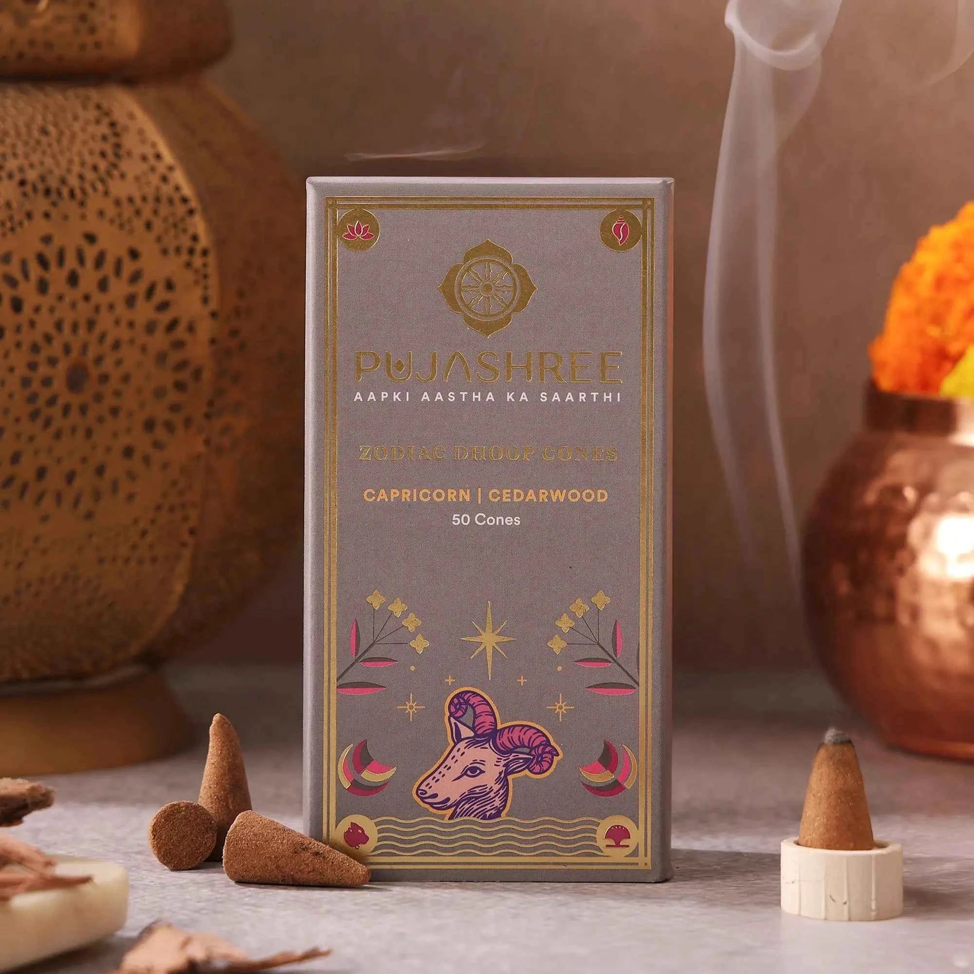 Capricorn Zodiac Dhoop Cones 50 pcs – Cedarwood by Pujashree | Sanatana Journey