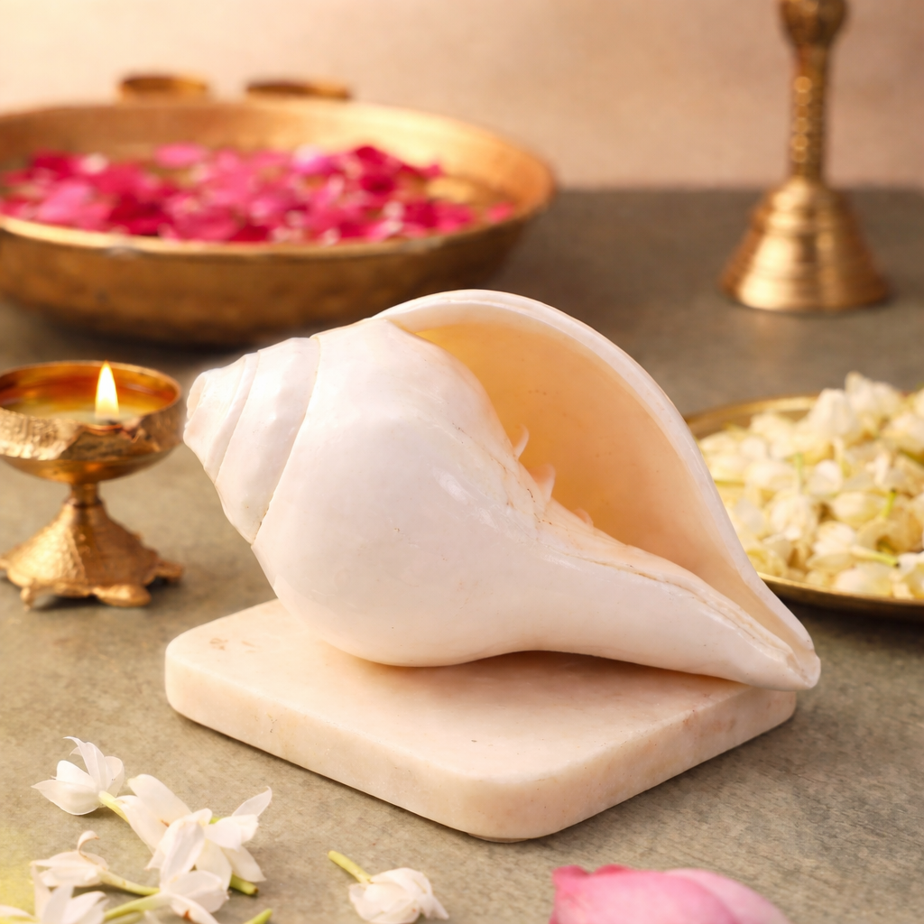 Blowing Vishnu Shankh (Medium) – The Sacred Call of Devotion - Pujashree