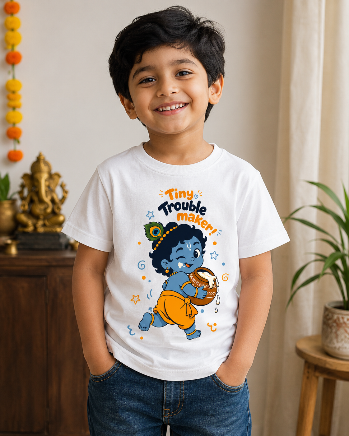 Tiny Trouble Maker Krishna Kids' T-Shirt - White