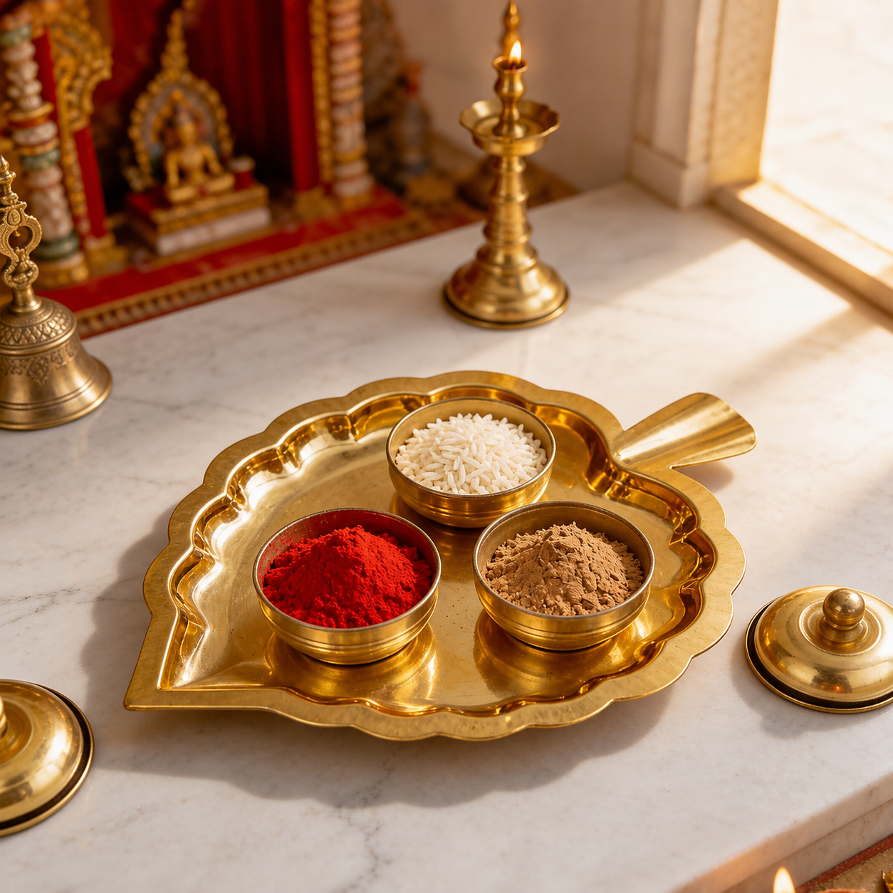 Brass Leafy Pooja Thali Set with 3 Bowls