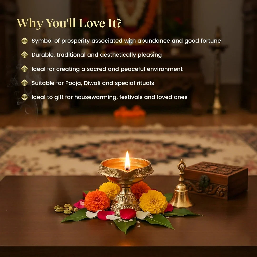 Kuber Diya – Premium Brass Oil Lamp for Aarti | Kuber Diya (Brass, 1 pc) by Pujashree | Sanatana Journey
