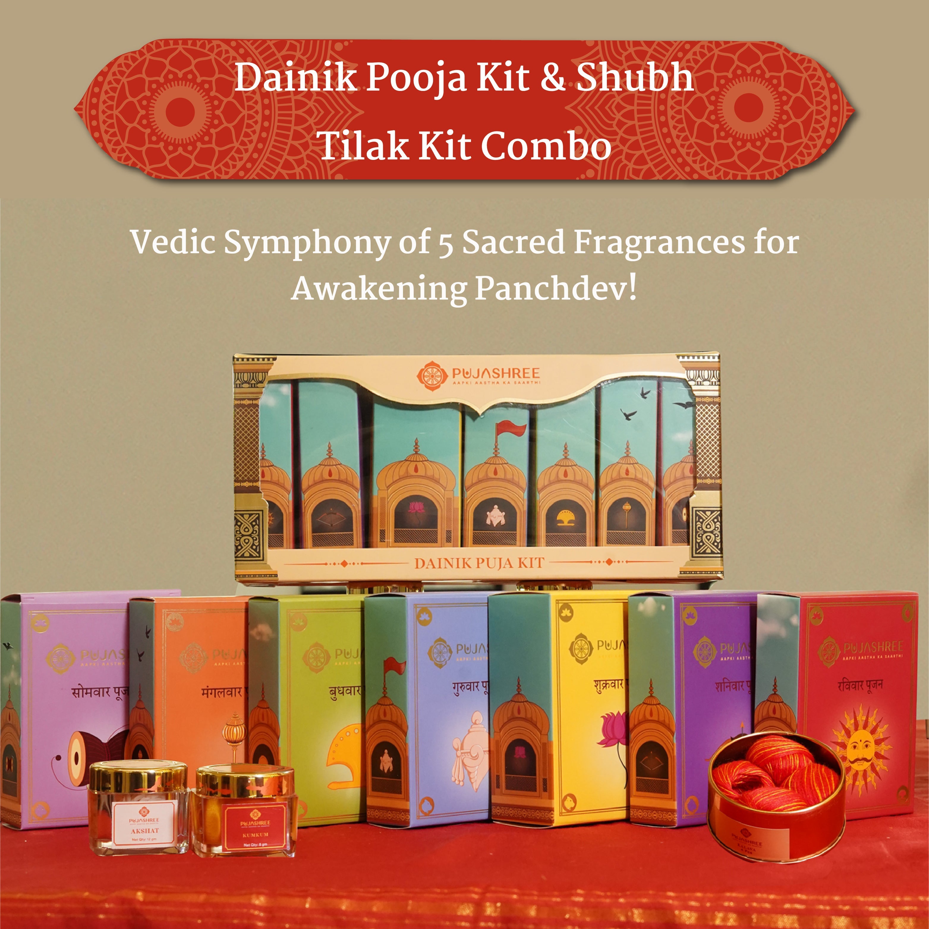 Mangal Tilak Combo – Weekly Puja Kit with Shubh Tilak Kit – Dainik Puja Combo by Pujashree | Sanatana Journey