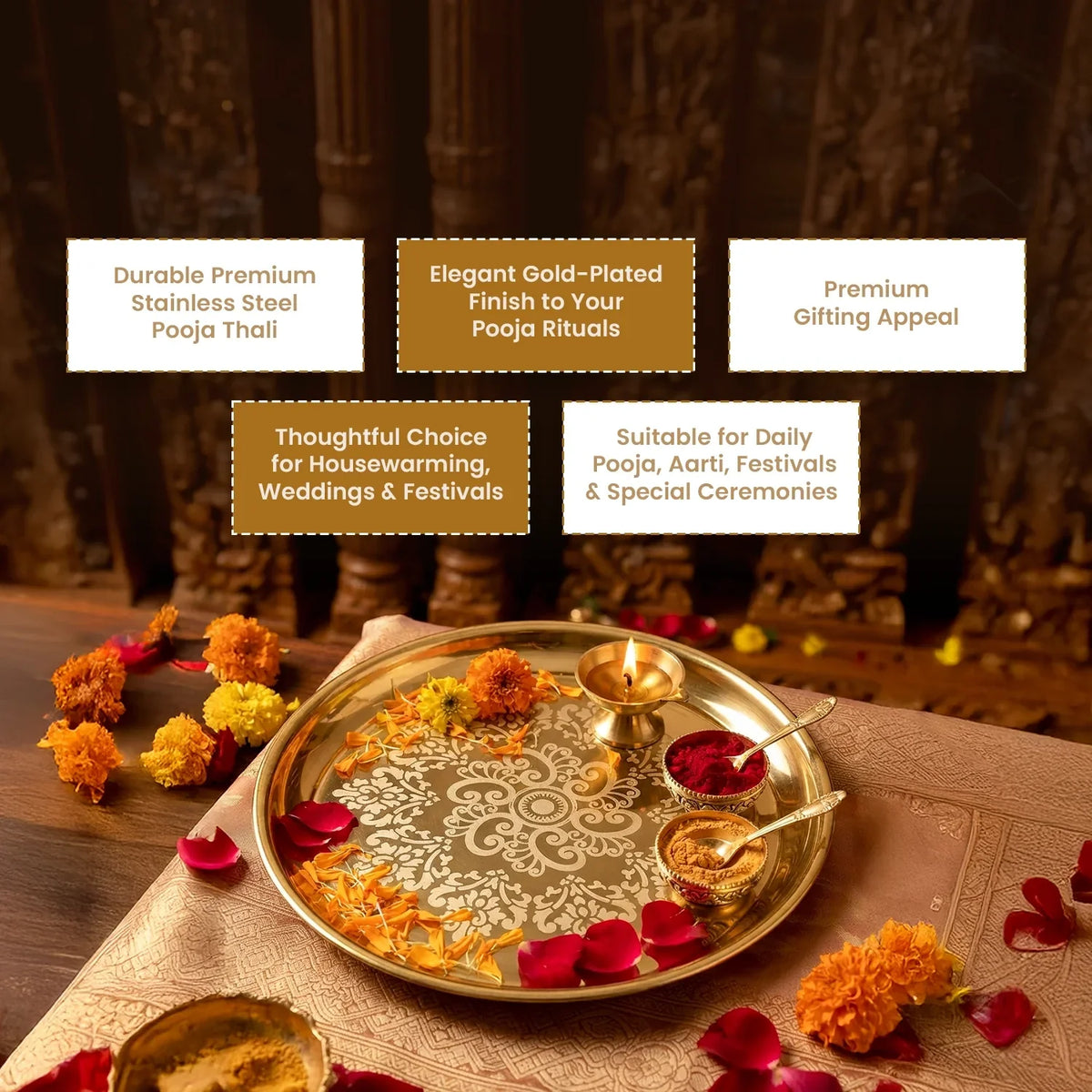 Pujashree Designer Brass-Coated Pooja Thali | Stainless Steel