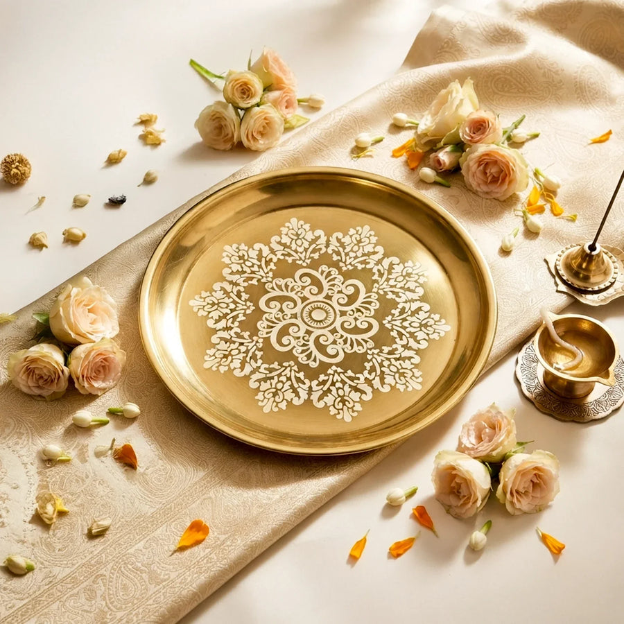 Pujashree Designer Brass-Coated Pooja Thali | Stainless Steel