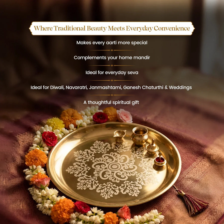 Pujashree Designer Brass-Coated Pooja Thali | Stainless Steel