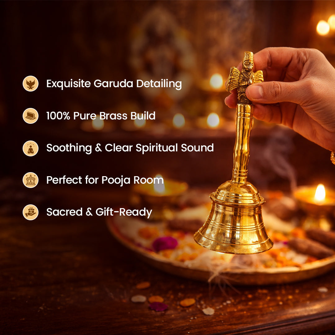 Brass Garuda Pooja Ghanti | Pure Brass Temple Bell for Home & Mandir Use