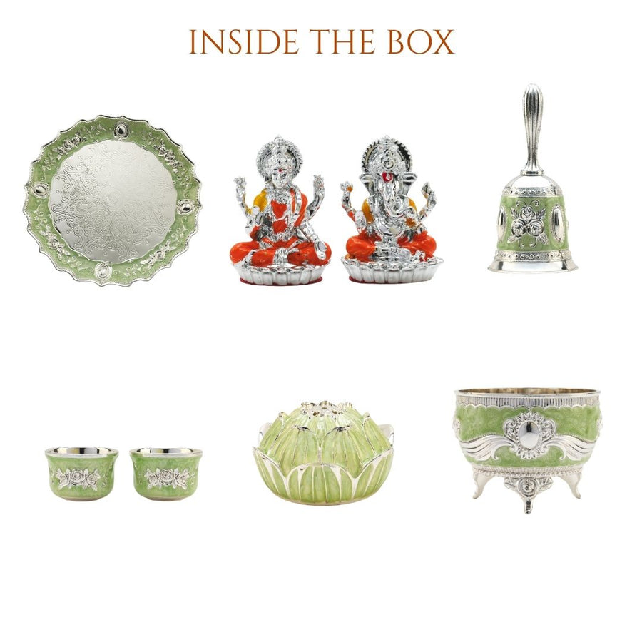 Green German Silver Pooja Thali Set