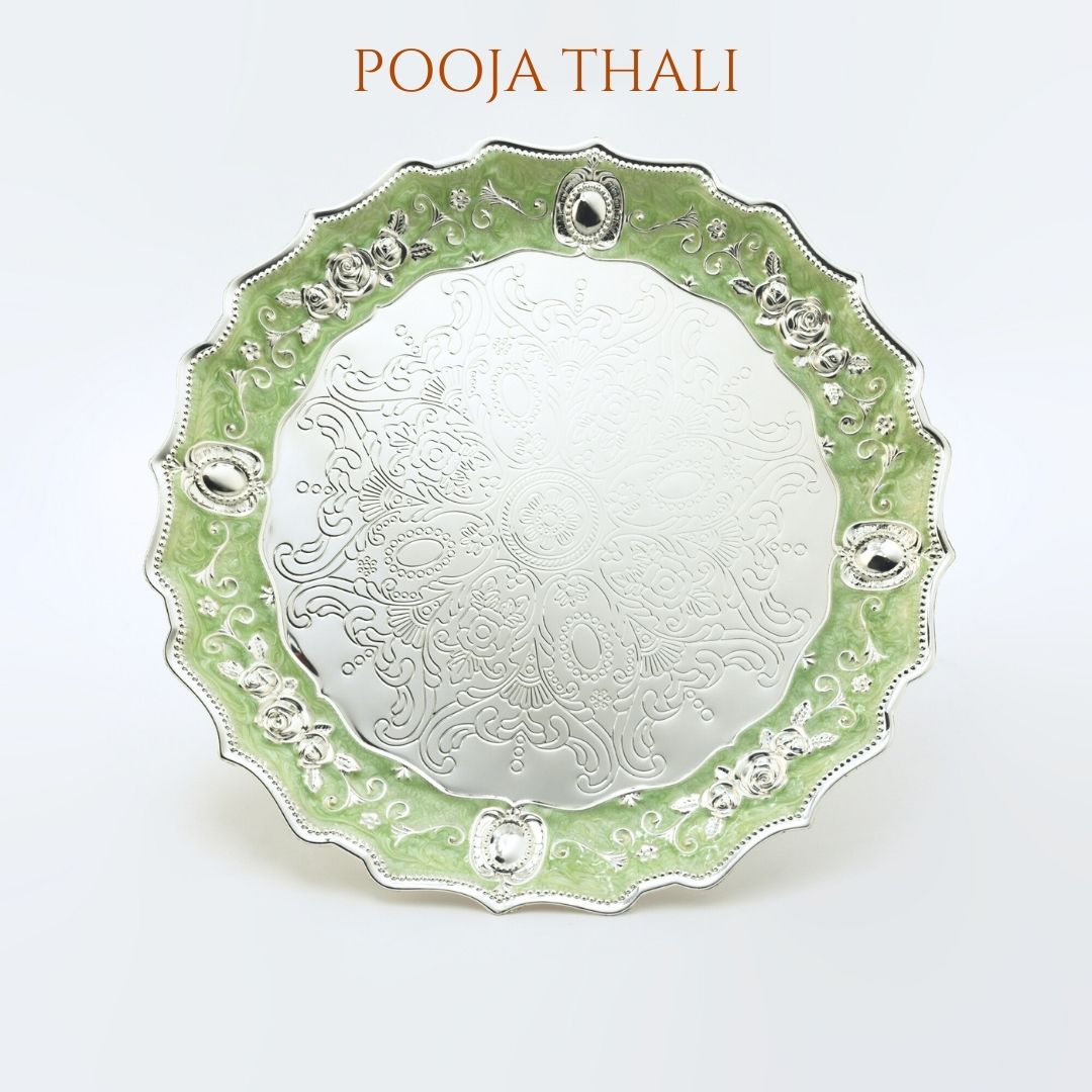 Green German Silver Pooja Thali