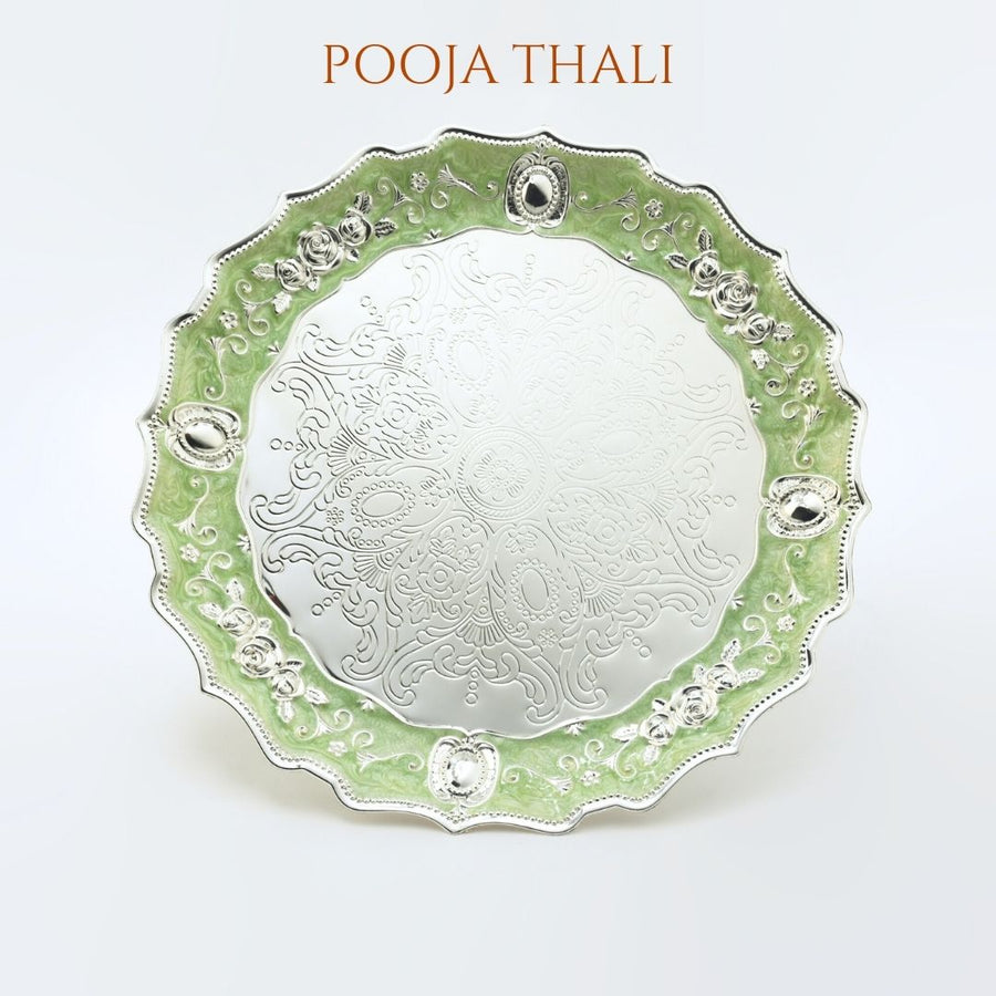 Green German Silver Pooja Thali