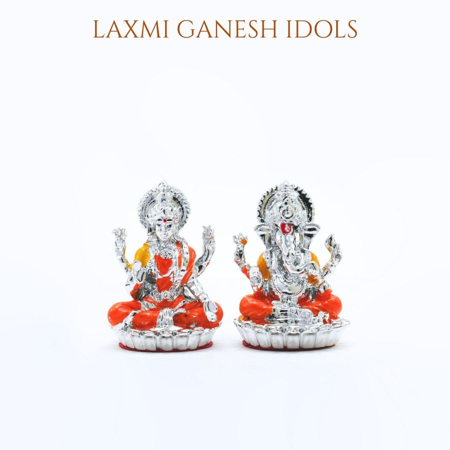Lakshmi Ganesha Idols Included in Green German Silver Pooja Thali Set