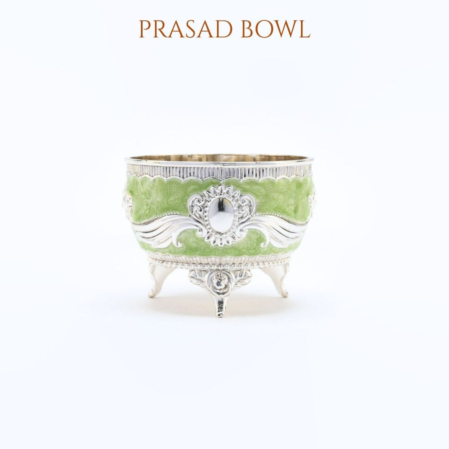 Green German Silver Pooja Thali Set Prasad Bowl