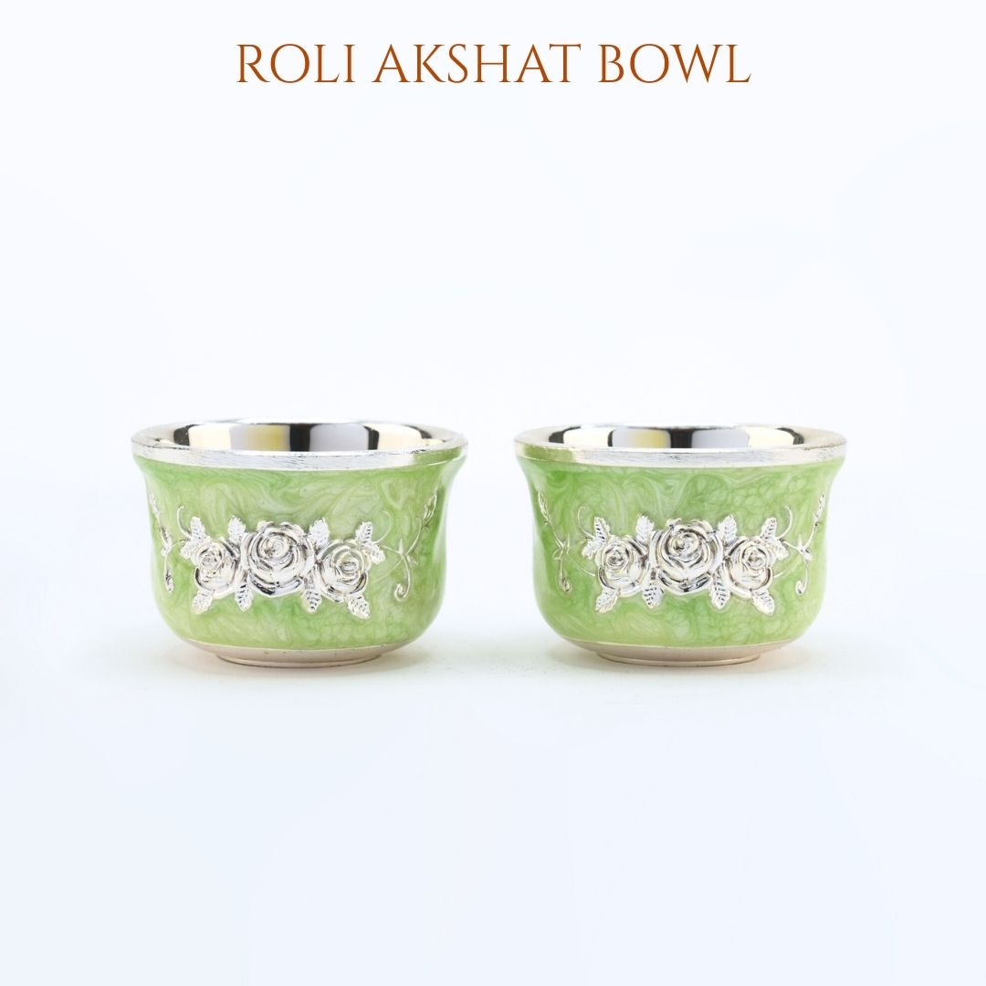 Green German Silver Pooja Thali Set roli akshat bowl