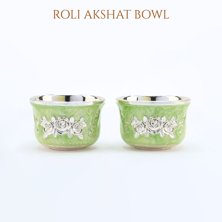 Green German Silver Pooja Thali Set roli akshat bowl