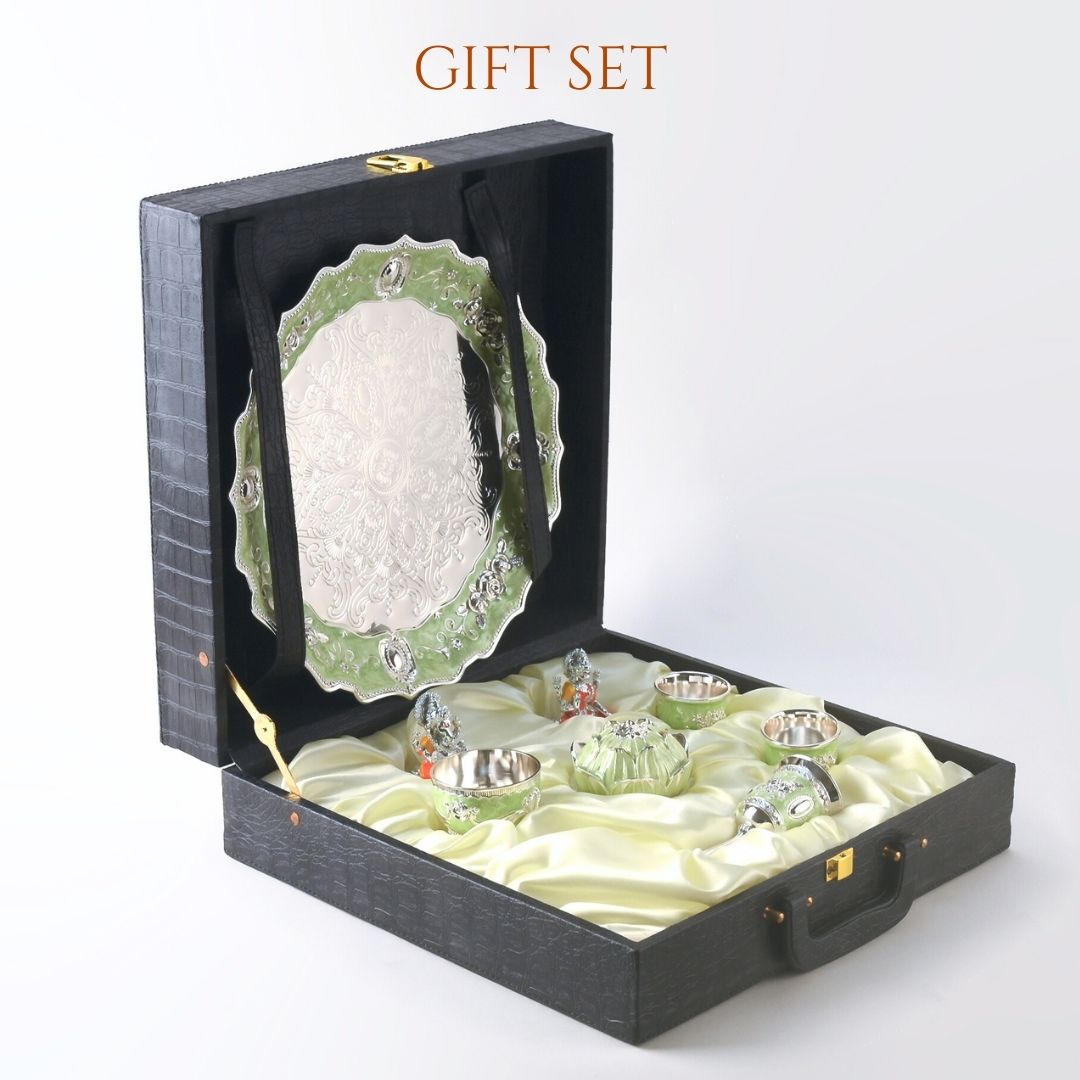 Green German Silver Pooja Thali Set