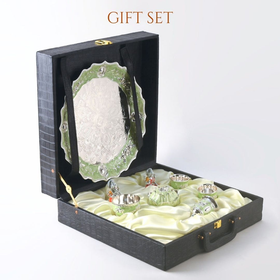 Green German Silver Pooja Thali Set