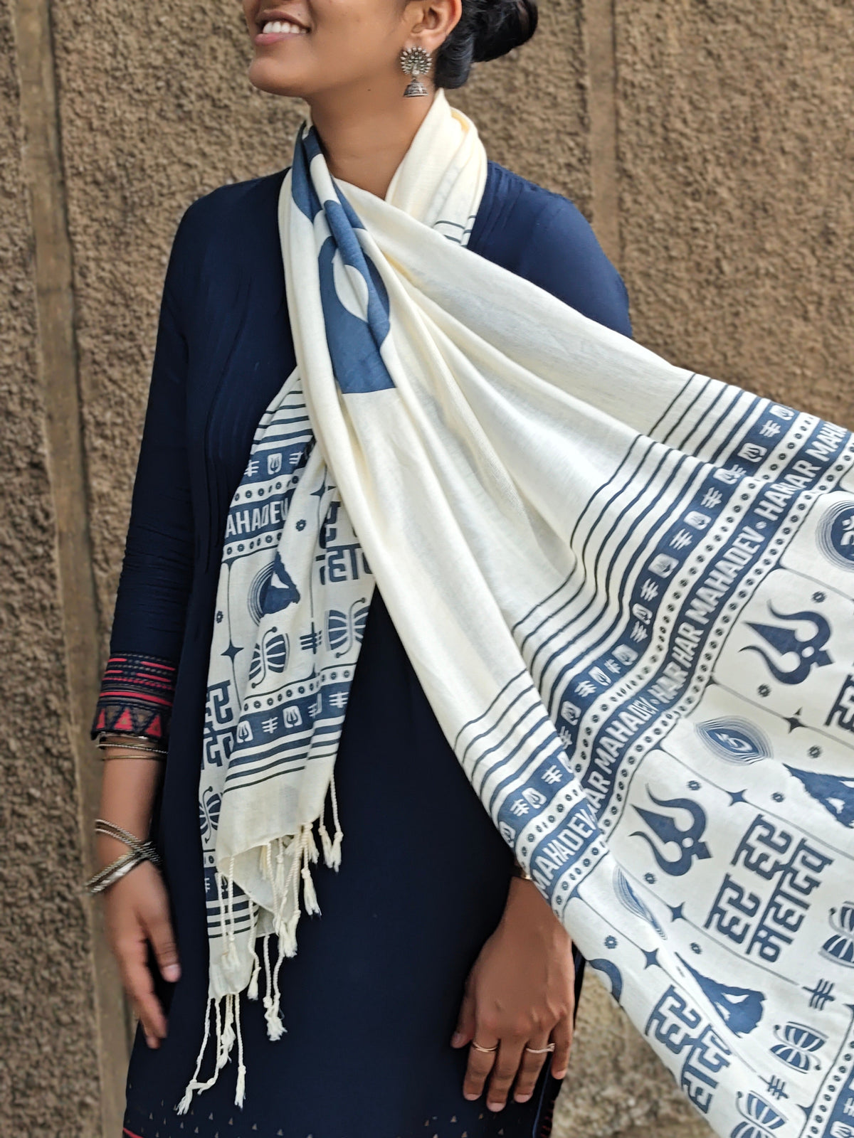 Har Har Mahadev Devotional Stole - Cream