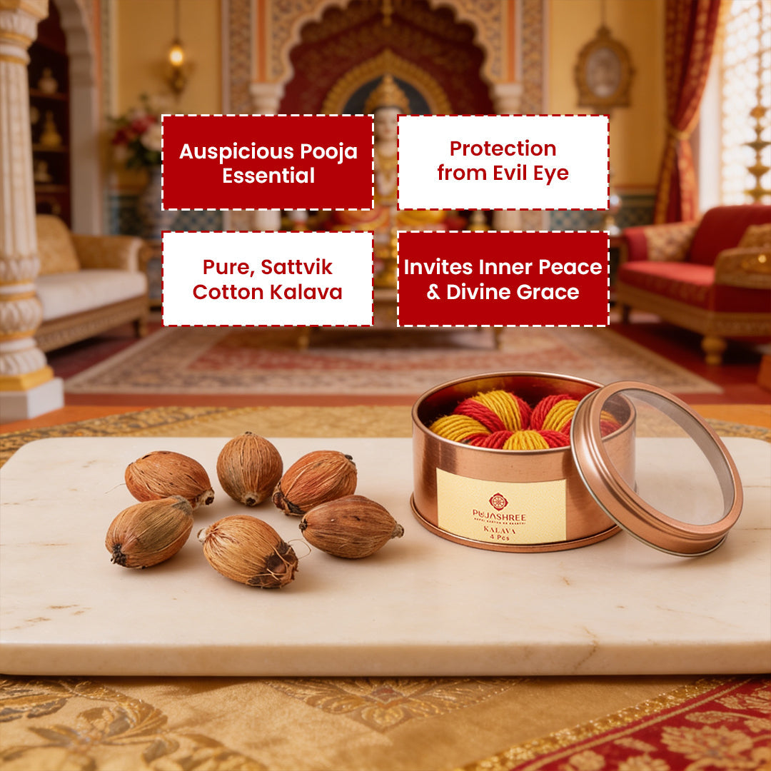 Shubh Sankalp Laghu Nariyal 5 pcs with Kalava 4 pcs – Auspicious Puja Combo by Pujashree | Sanatana Journey