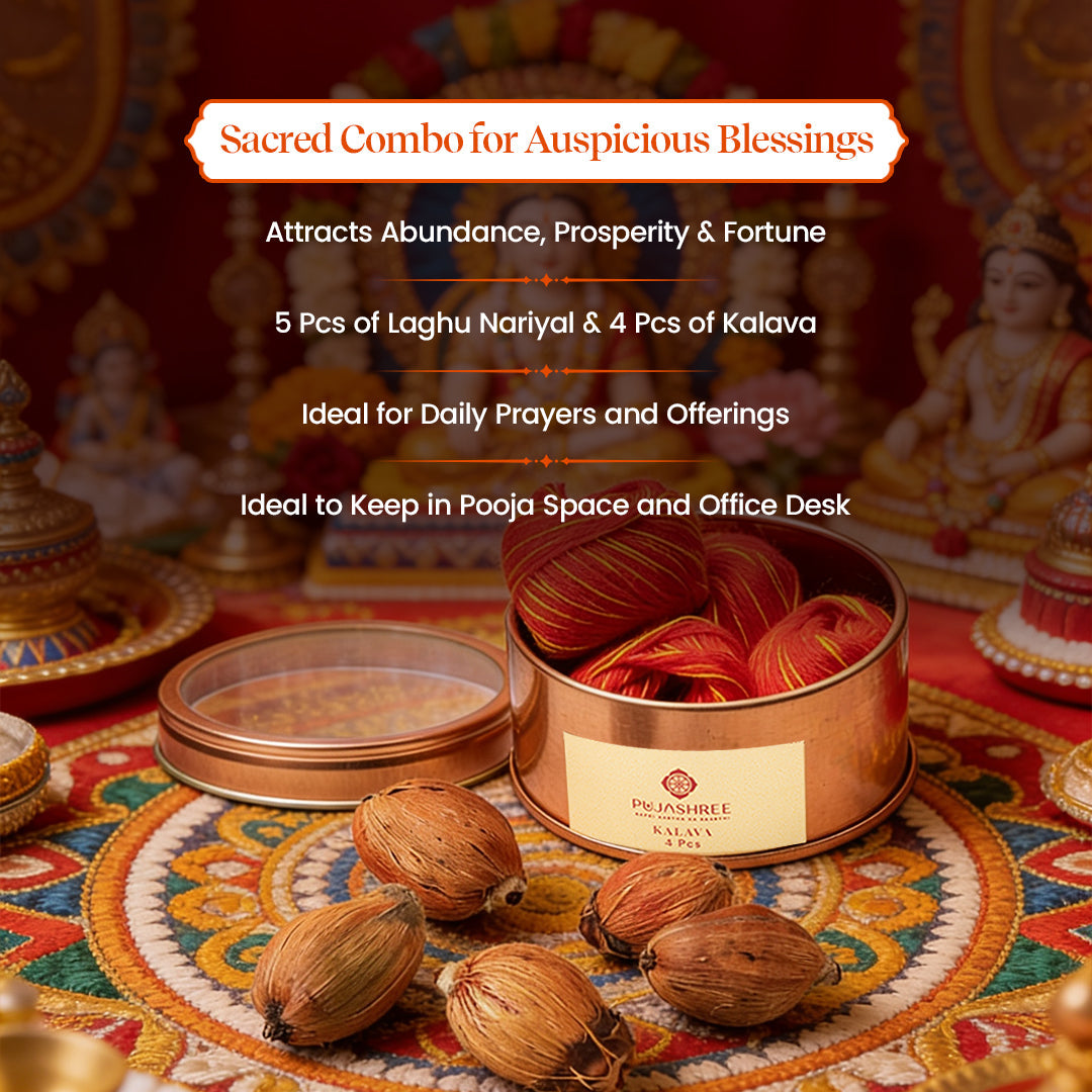 Shubh Sankalp Laghu Nariyal 5 pcs with Kalava 4 pcs – Auspicious Puja Combo by Pujashree | Sanatana Journey