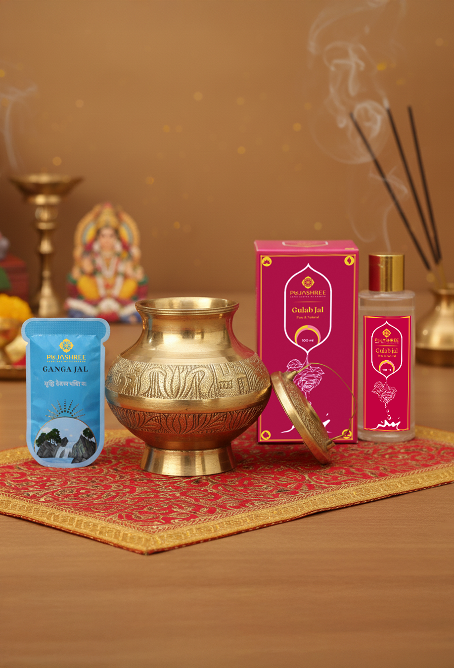 Pavitr Gangajal Combo – Gangajal, Gangajali Lota & Gulab Jal for Pure Puja Rituals by Pujashree | Sanatana Journey