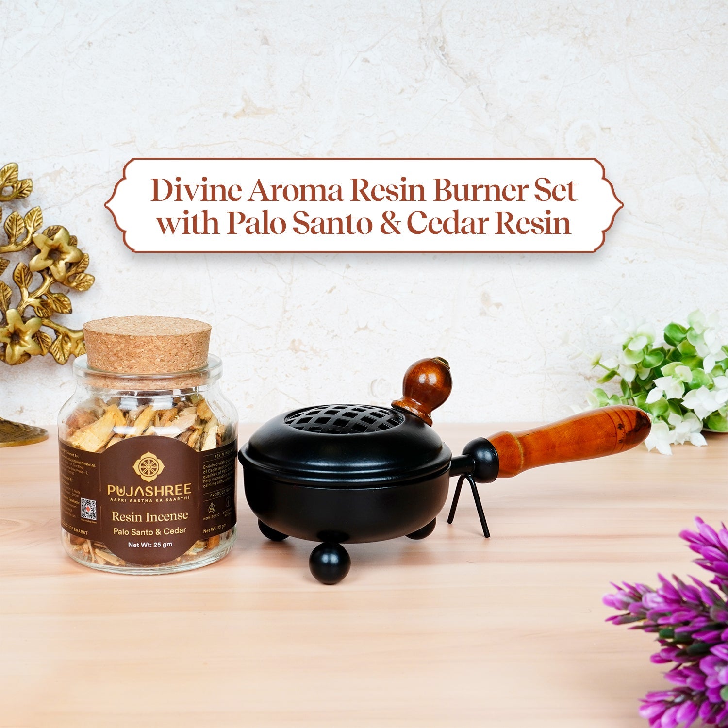 Black Wooden Handle Resin Burner (Small) with Palo Santo & Cedar Resin by Pujashree | Sanatana Journey