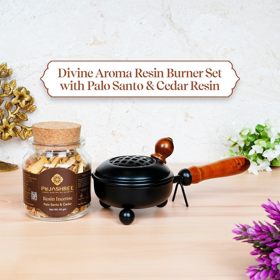 Black Wooden Handle Resin Burner (Small) with Palo Santo & Cedar Resin by Pujashree | Sanatana Journey