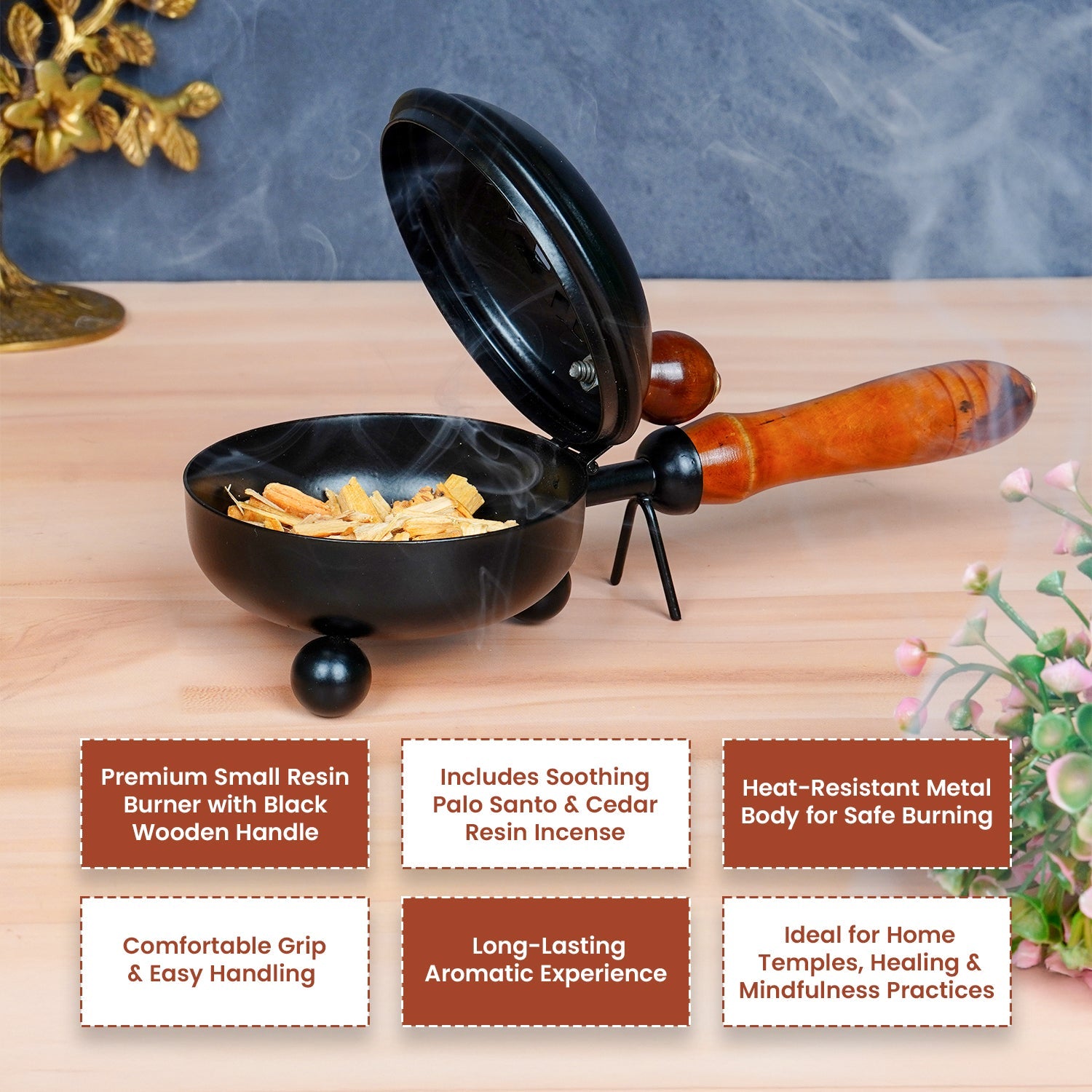 Black Wooden Handle Resin Burner (Small) with Palo Santo & Cedar Resin by Pujashree | Sanatana Journey