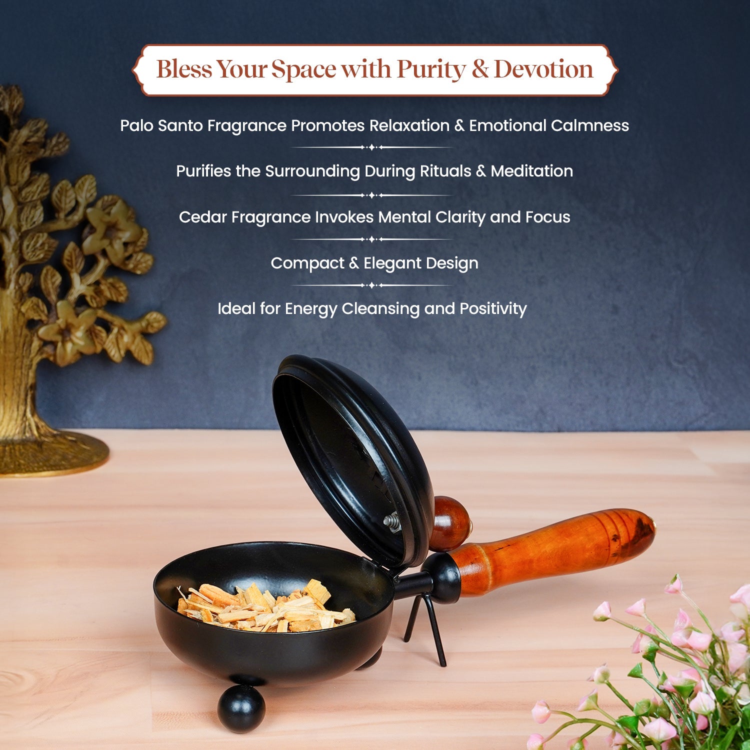 Black Wooden Handle Resin Burner (Small) with Palo Santo & Cedar Resin by Pujashree | Sanatana Journey