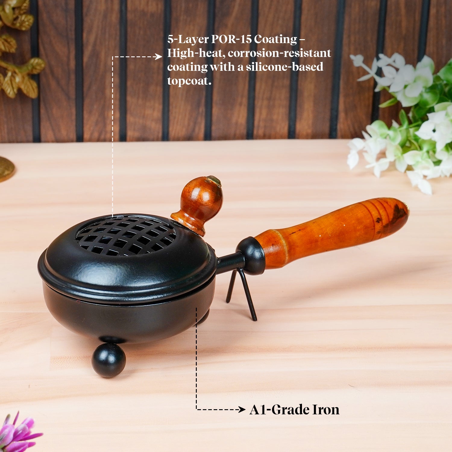 Black Wooden Handle Resin Burner (Small) with Palo Santo & Cedar Resin by Pujashree | Sanatana Journey