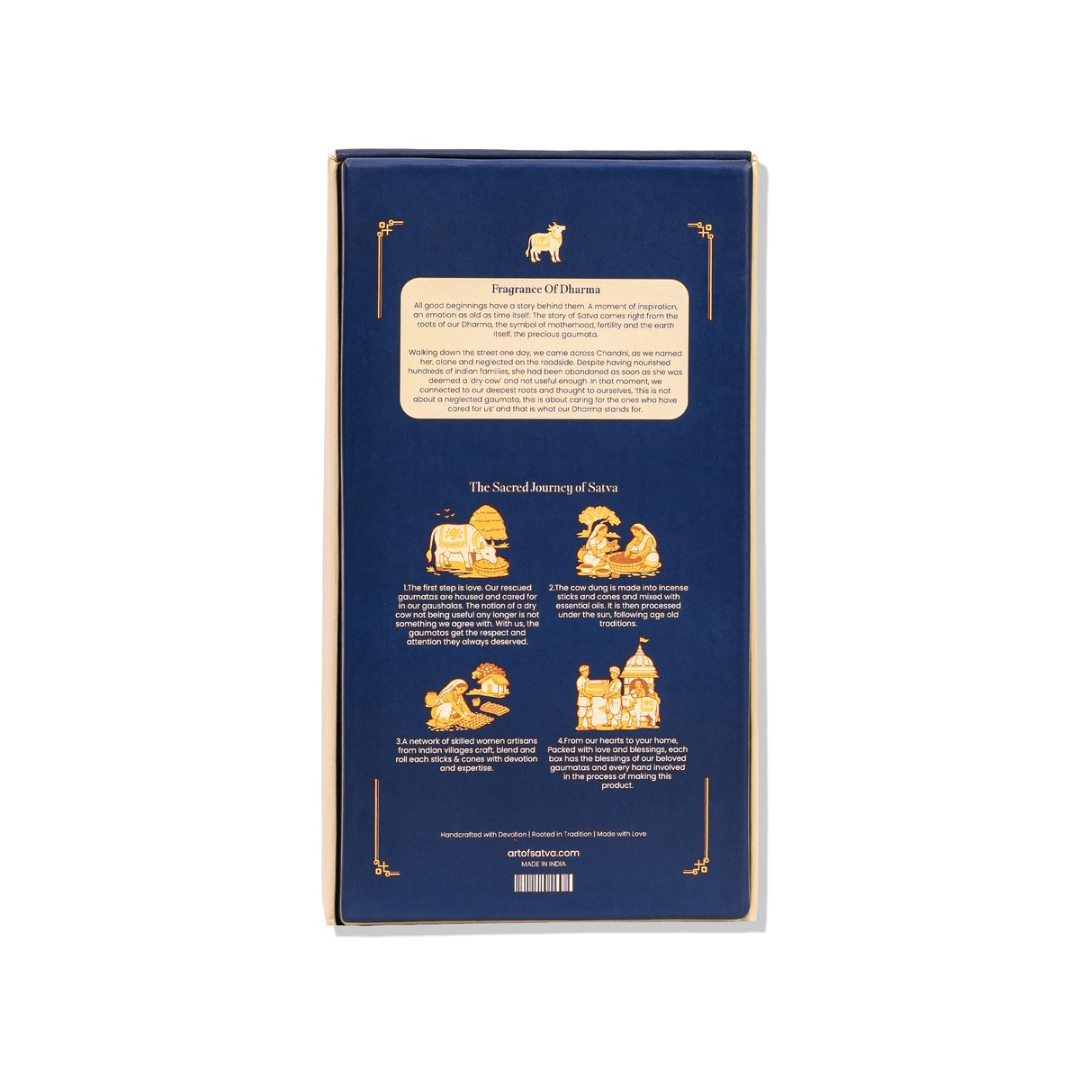 Back of Art of Satva assorted Mandir incense pack with product details - Sanatana Journey