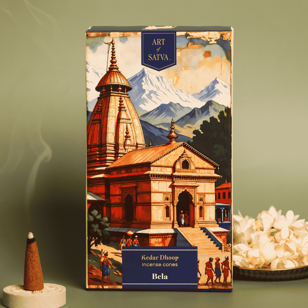 Bela Kedar Dhoop pack with lit incense cone and jasmine flowers - Sanatana Journey