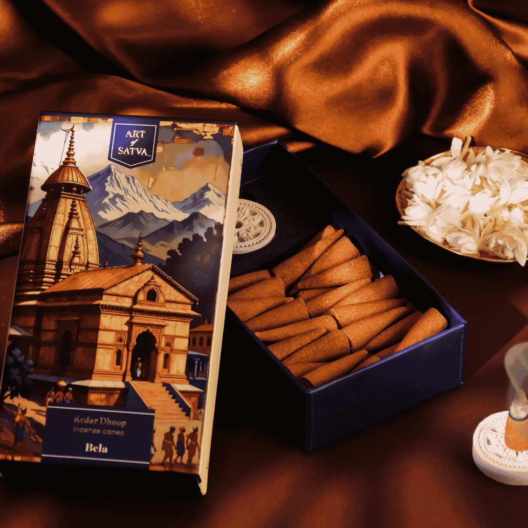 Bela Kedar Dhoop open box with incense cones and jasmine flowers - Sanatana Journey