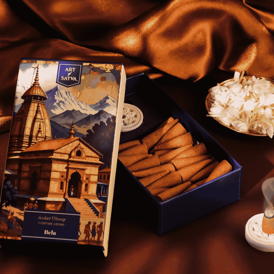 Bela Kedar Dhoop open box with incense cones and jasmine flowers - Sanatana Journey
