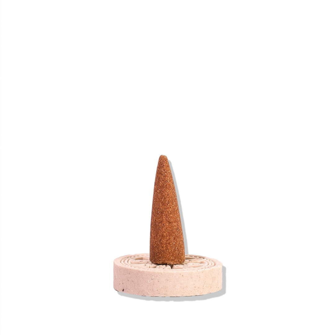 Single Marigold incense cone with holder on white - Sanatana Journey