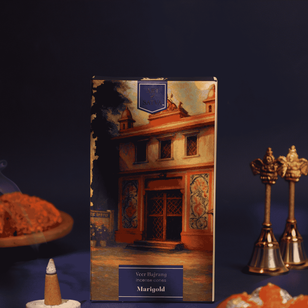 Marigold Veer Bajrang pack with lit incense cone and puja bells - Sanatana Journey