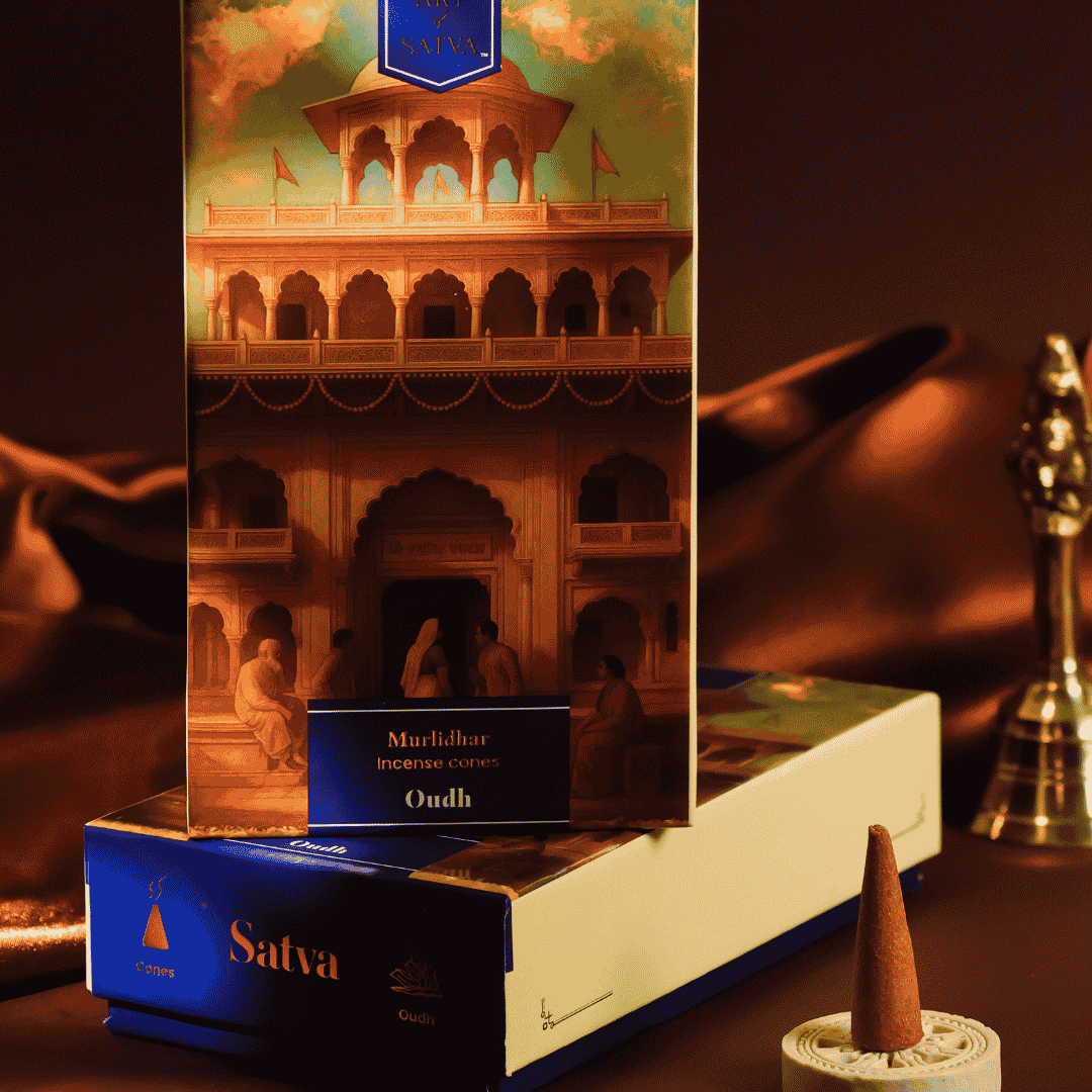Oudh Muridhar incense pack with cone and puja setting - Sanatana Journey