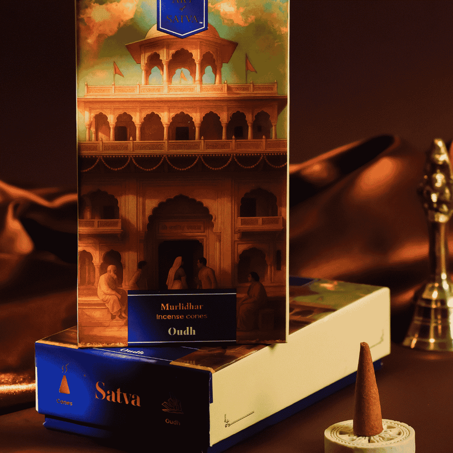 Oudh Muridhar incense pack with cone and puja setting - Sanatana Journey