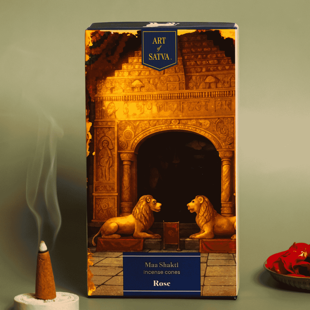 Rose Maa Shakti pack with a lit incense cone and rose petals - Sanatana Journey
