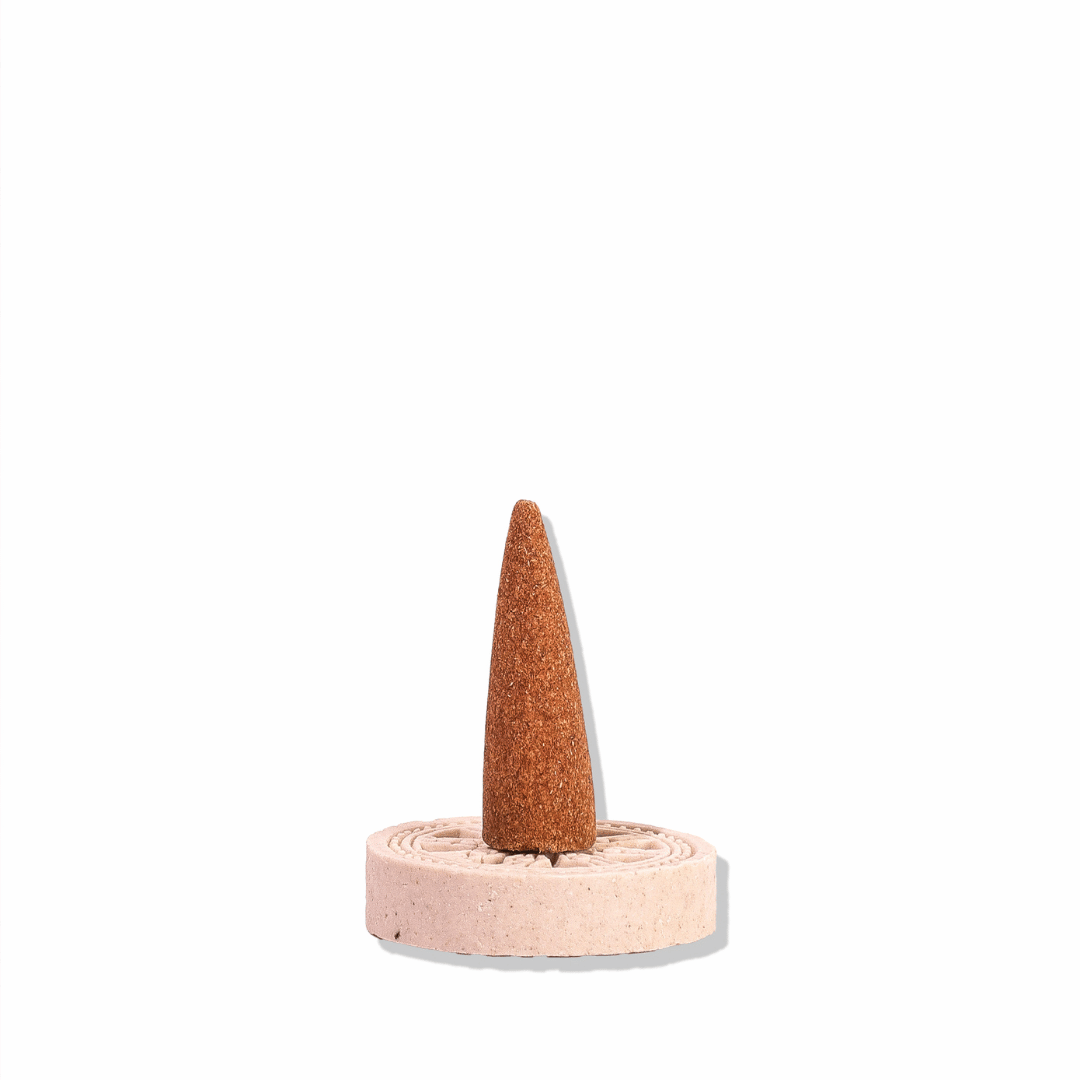 Single Tilak Chandan incense cone with holder on white - Sanatana Journey