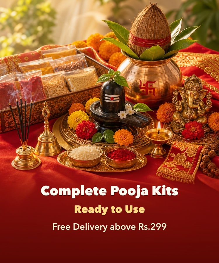 Pooja kit mobile banner - ready made Hindu puja kit with copper kalash Shivling flowers and incense free delivery