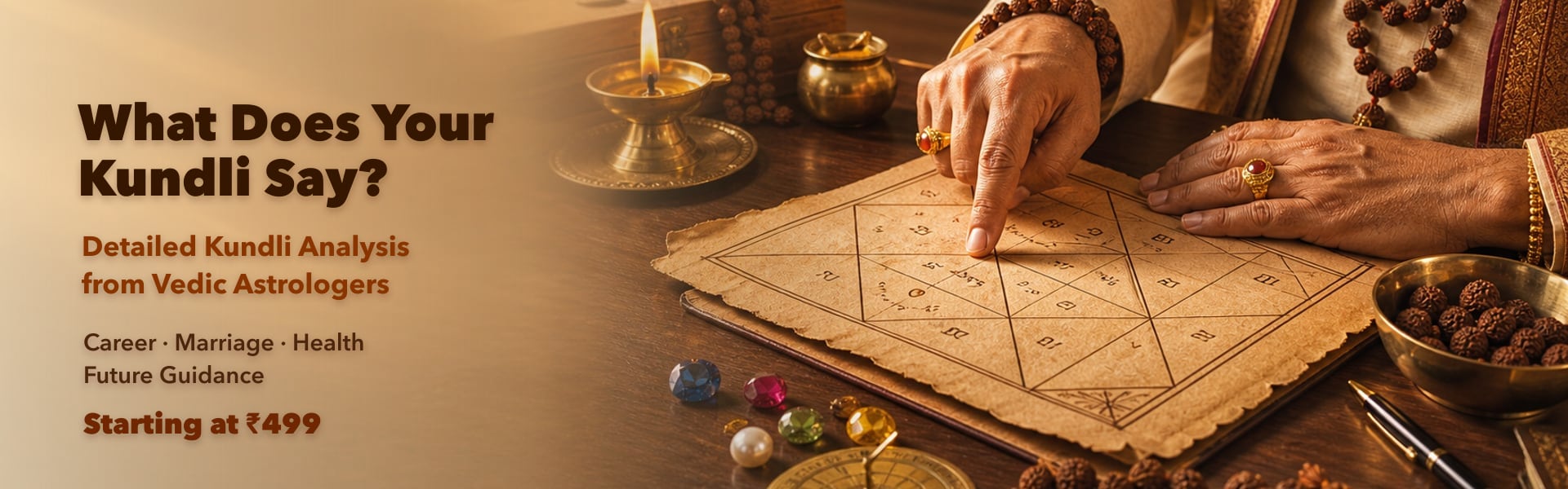 Kundli analysis online India - Vedic astrology birth chart reading career marriage health guidance starting Rs.499