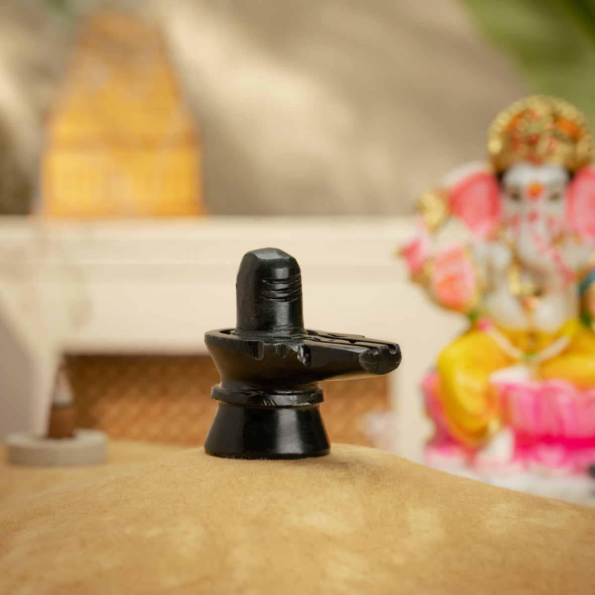 Black stone Shivling for home puja shown from the front