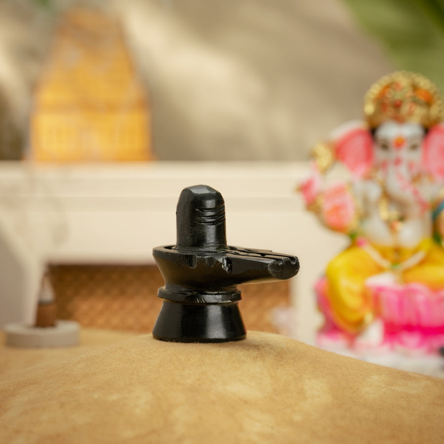 Black stone Shivling for home puja shown from the front