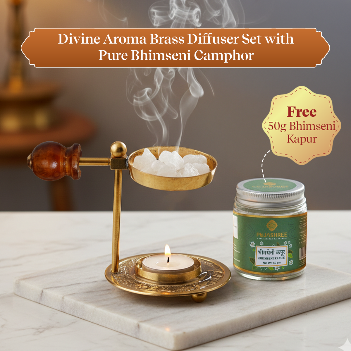 Divine Aroma Brass Diffuser Set with Pure Bhimseni Kapur by Pujashree | Sanatana Journey